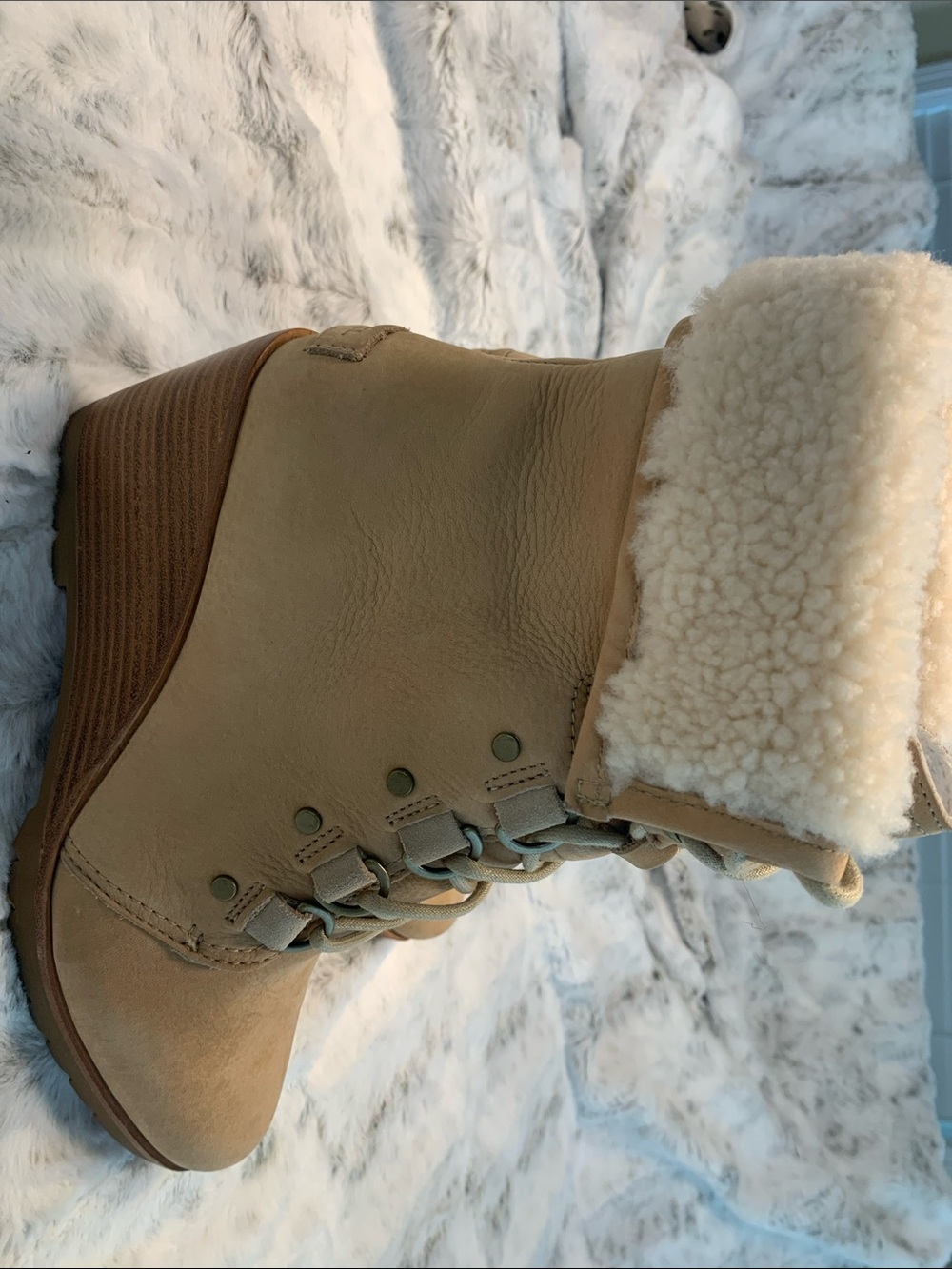 Sorel Tan Shearling-Cuff Wedge Boots